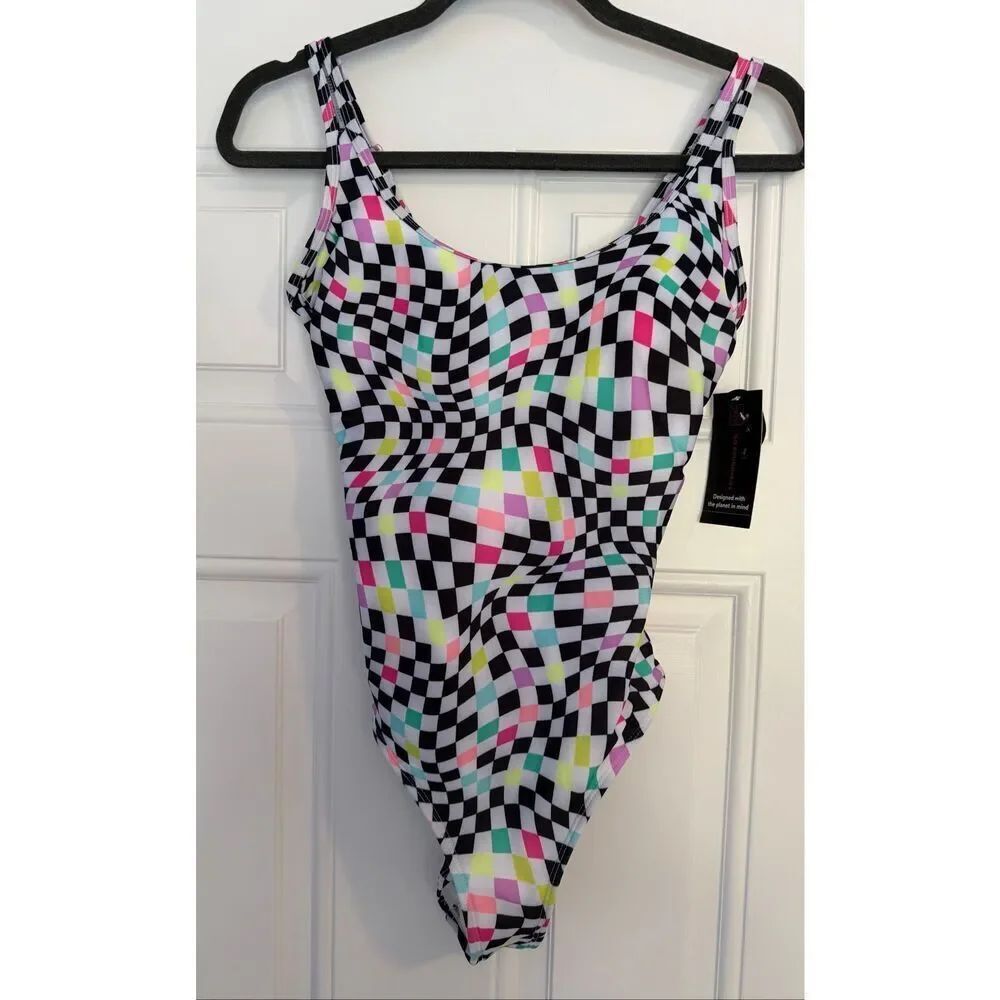 No Boundaries One Piece Swimsuit M 7-9 Check Distortion High Leg Psychedelic NWT
